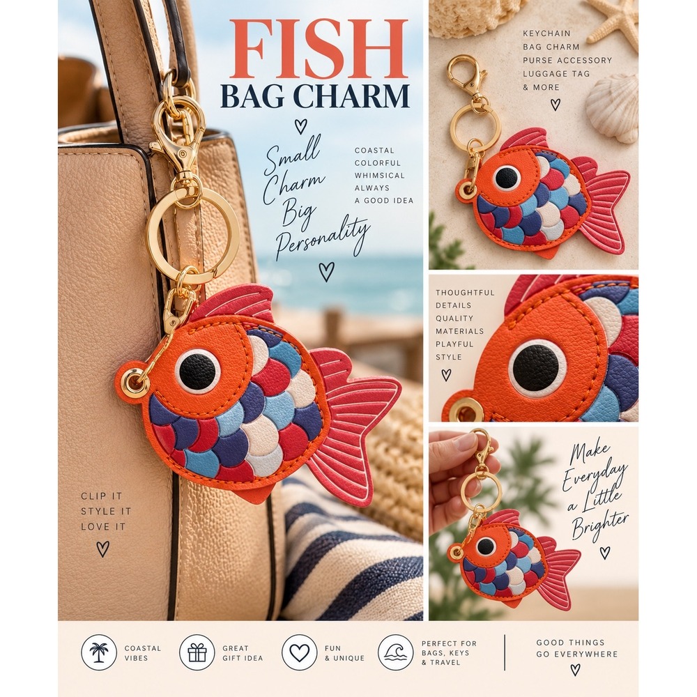 Colorful Fish Bag Charm Keychain Gold Clip Whimsical Coastal Purse Charm